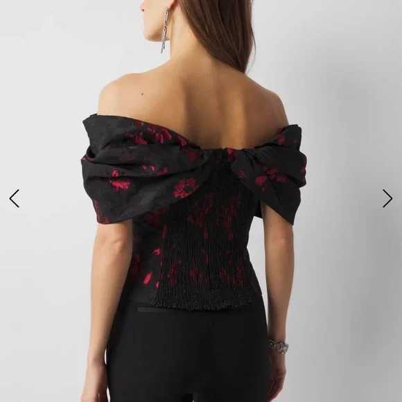 WHBM Black Red Floral Jacquard Off Shoulder Corset Bustier Top 14 Evening Fancy - Picture 2 of 12